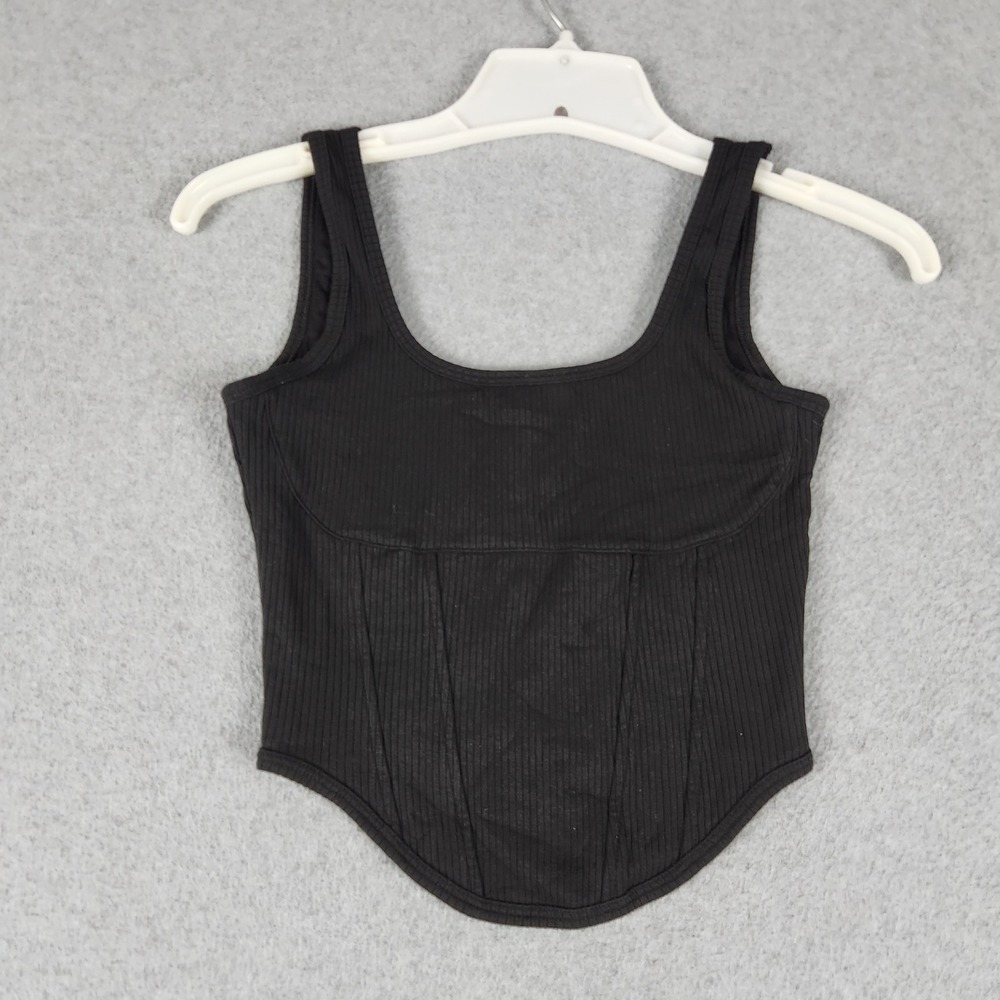 PINK Tank Top Womens Small Black Ribbed Fitted Scoop Neck Wide Strap Curved Hem